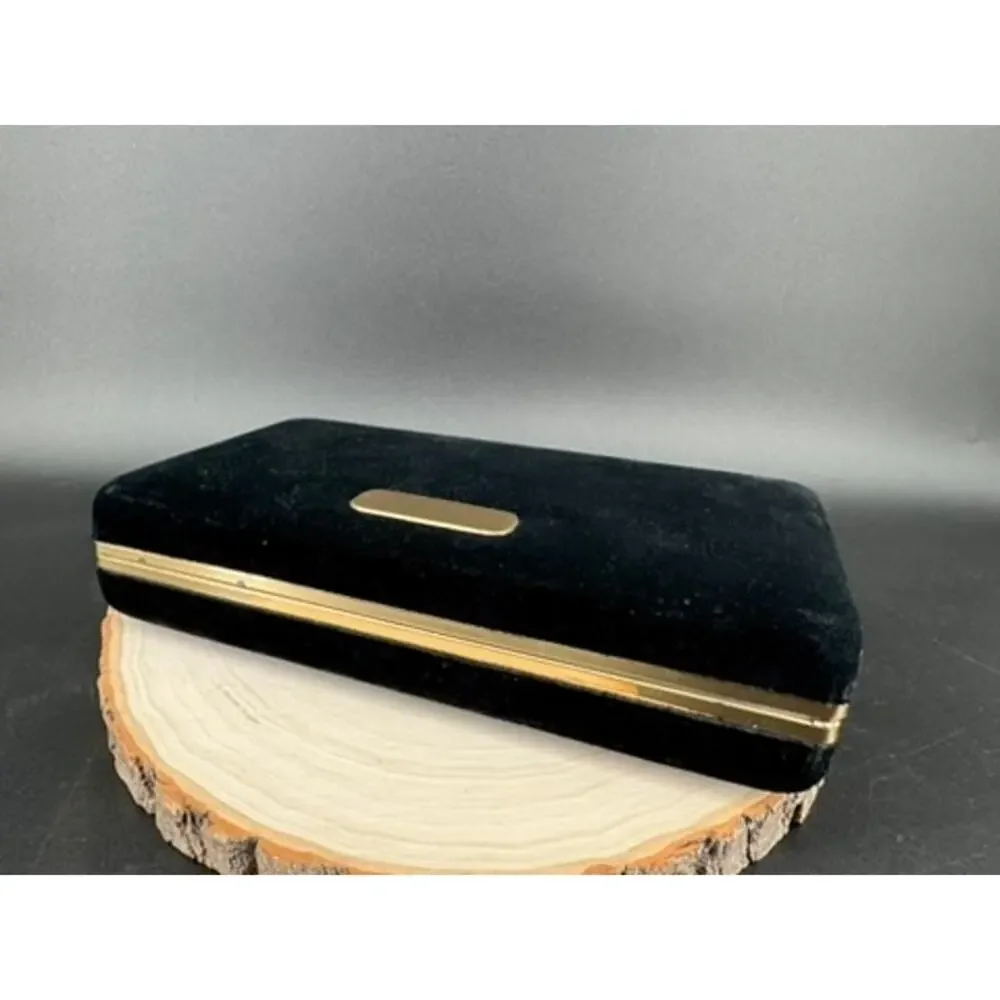 Vintage Black Velvet Jewelry Box w/ Pouches Gold Trim Travel Organizer